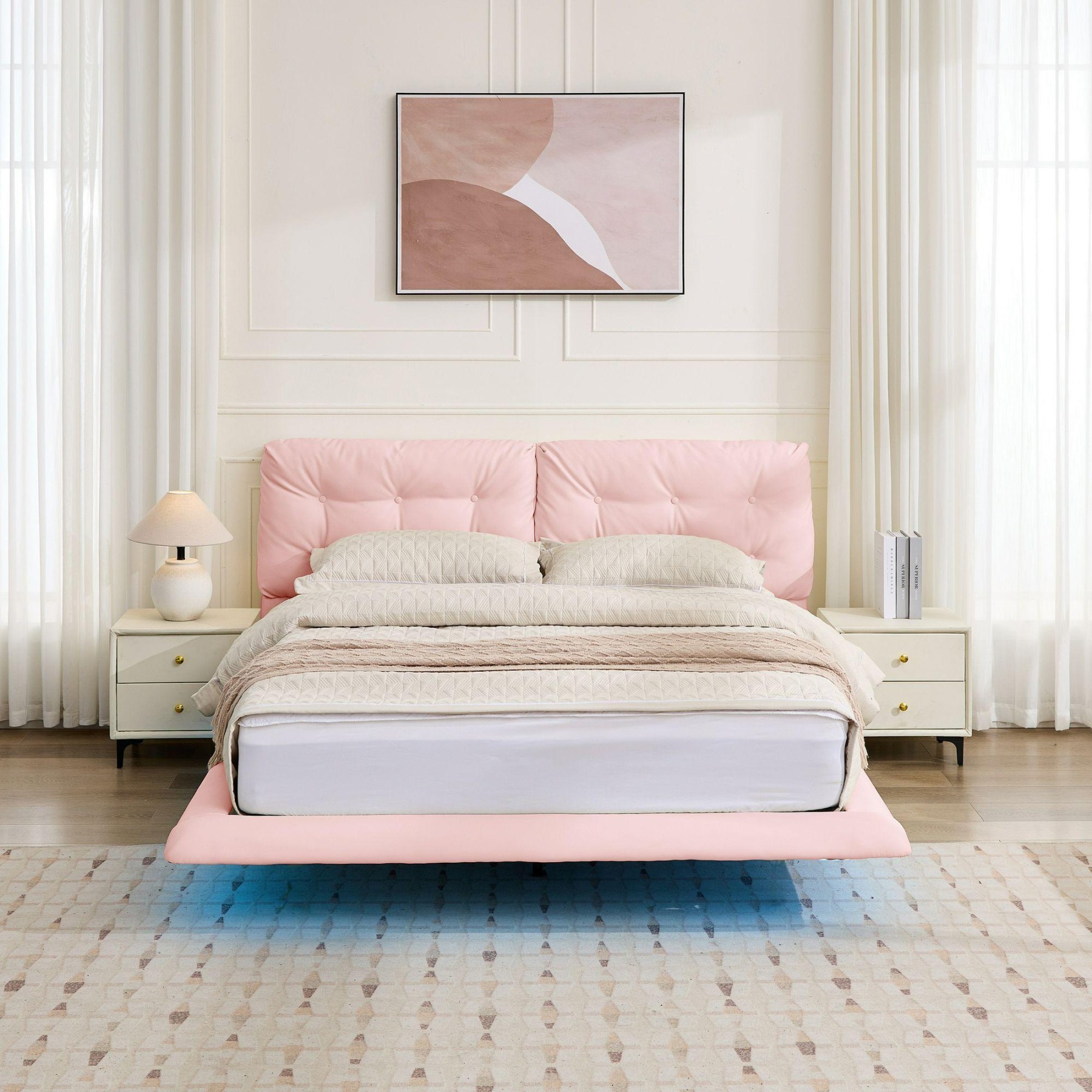 Queen Size Floating Bed Frame with LED Lights, Upholstered Platform Bed with Button Tufted Headboard, No Box Spring Needed, Easy Assembly, Pink