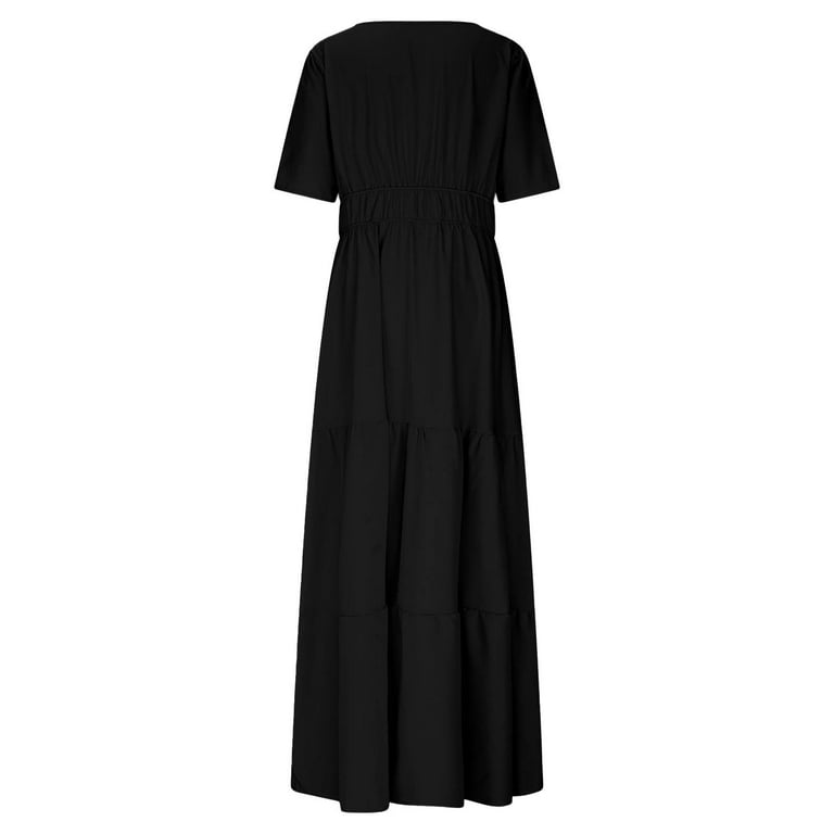 Tiered Dress Women Horkkom Summer V Neck Maxi Dresses Solid Color Short  Sleeve Pleated A Line Dresses Black XL - Walmart.com