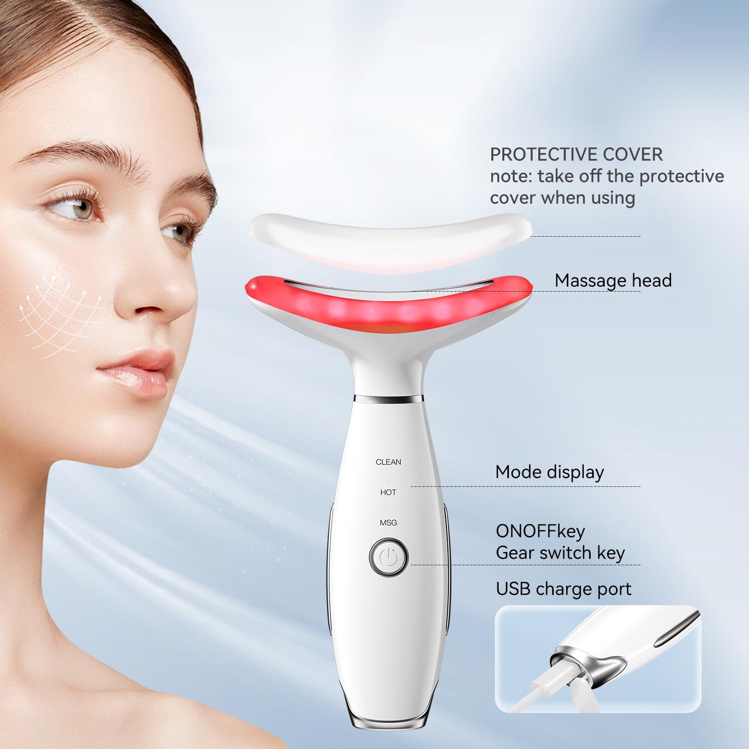 Balomy Face and Neck Massager Light Therapy, 3 Colour Modes and Vibration Facial Massager, Face Sculpting Tool for Double Chin and Skin Care (White)