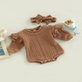 thumbnail image 3 of Barboteuse pour Bébés Filles et Garçons, Couleur Unie, Col Tricoté, Manches Longues Volantées, Combinaisons avec Bandeau, 3 of 8
