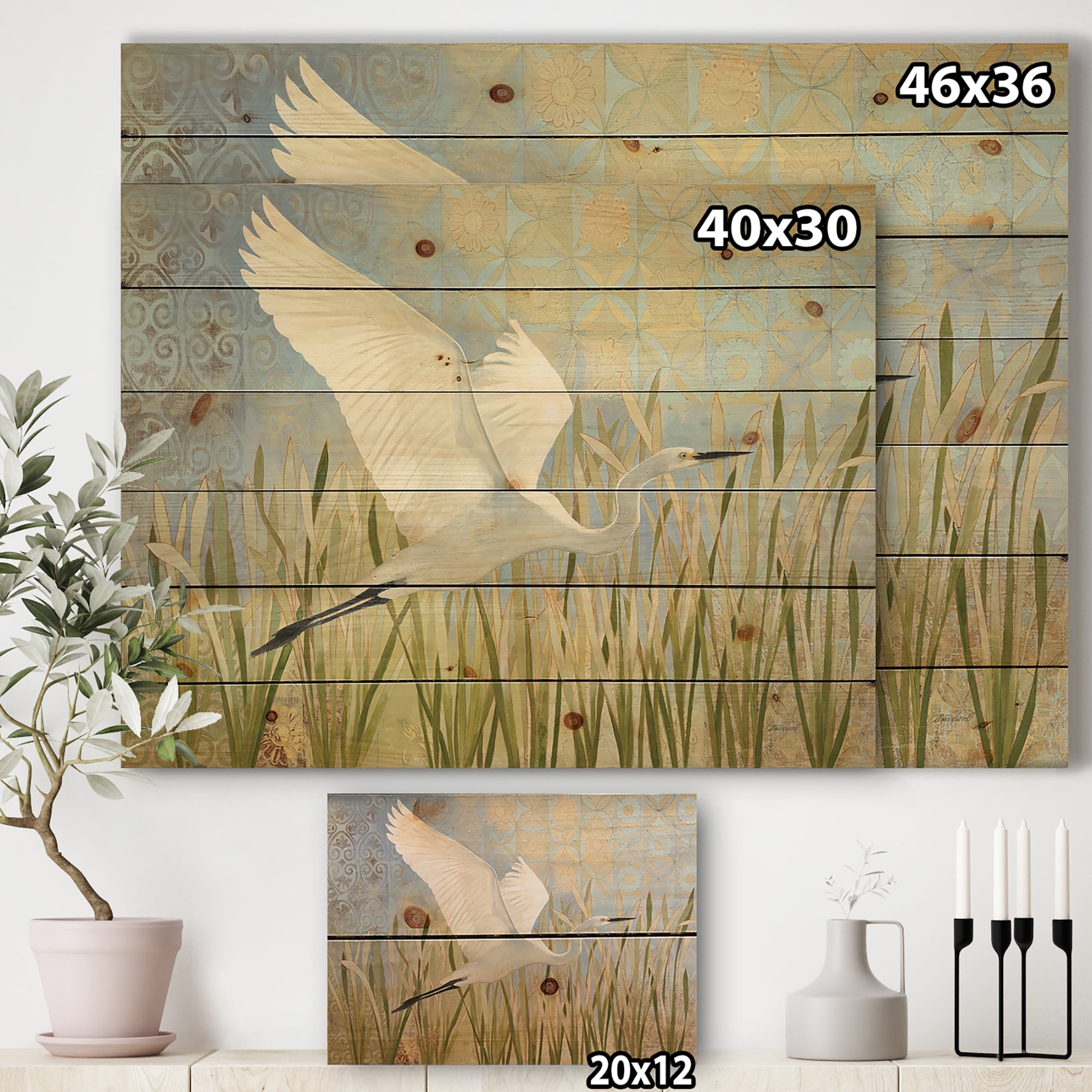 Designart 'Snowy Egret in Flight Pattern Background' Farmhouse Print on Natural Pine Wood