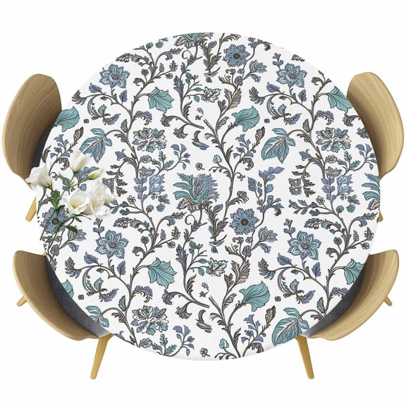 Boho Leaf Table Cloth, Round Fitted Tablecloths with Elastic Edge, Teal Green Spring Farmhouse Pastoral Tribal Wipeable Waterproof Table Cover for Kitchen Wedding 55-60 Inches
