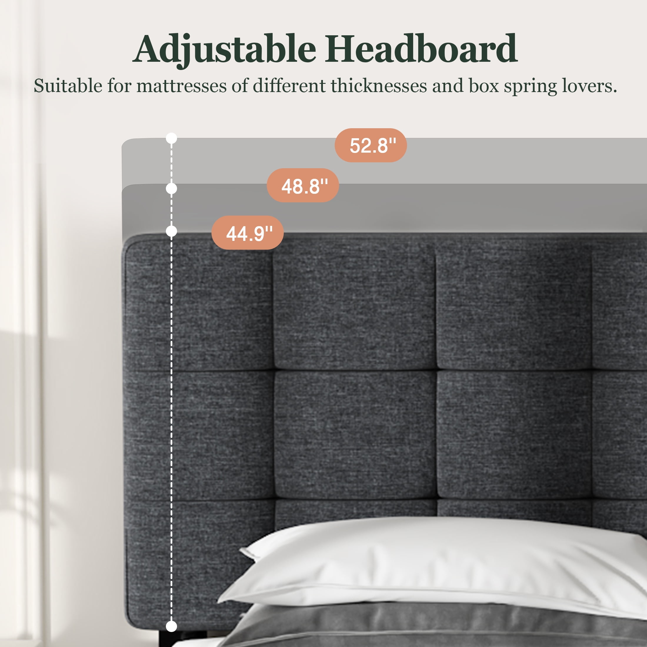 Amolife Queen Size Fabric Upholstered Panel Bed Frame with Adjustable Headboard, Square Stitched Style, Grey