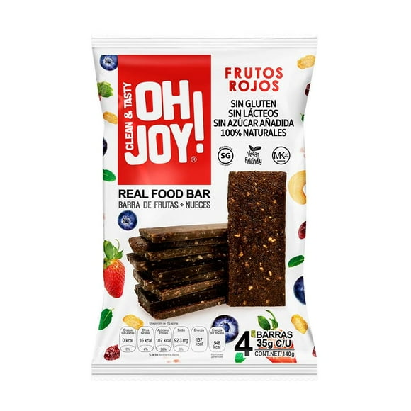 Barra de frutas OH JOY! frutos rojos + nueces 4 pzas de 35 g c/u
