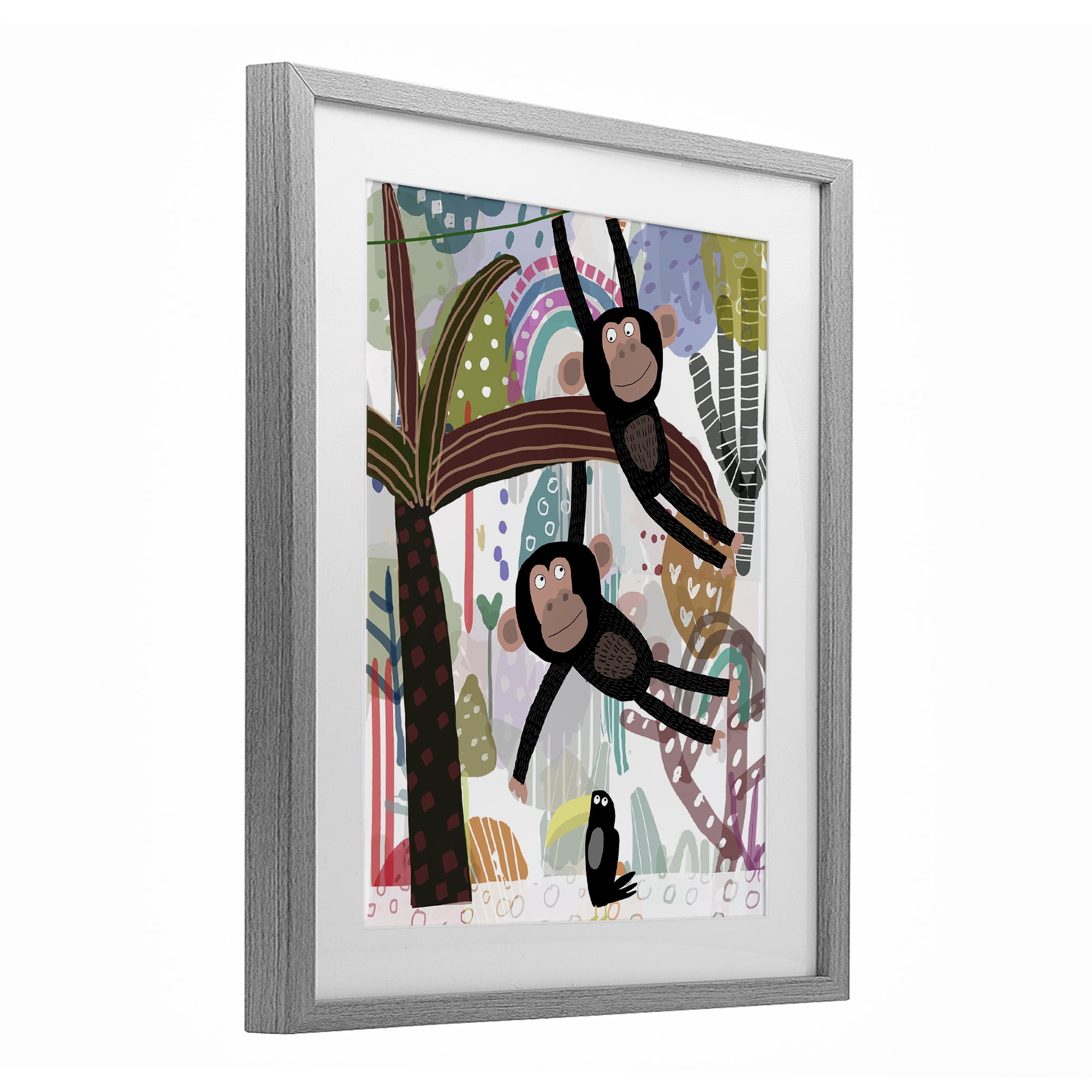 Exotic Monkey & Toucan Gray Framed Print Under Glass, design by Carla Daly