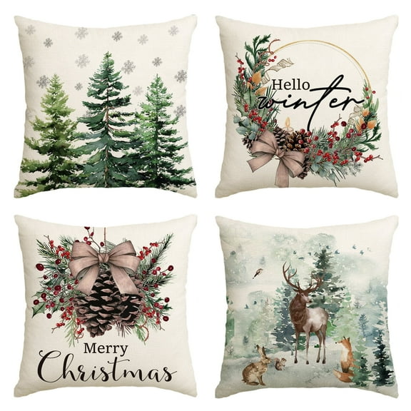 Sm:)e Trees Deer Merry Christmas Hello Winter Pillow Cover Set of 4, 18x18 Inch