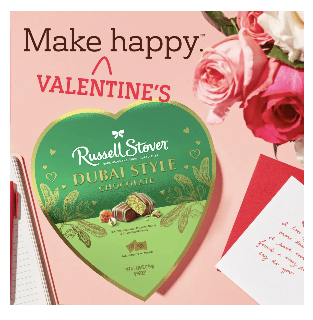 Dubai Style Chocolate Heart Gift Box, Milk Chocolate with Pistachio Butter & Kataifi, 8 Pieces