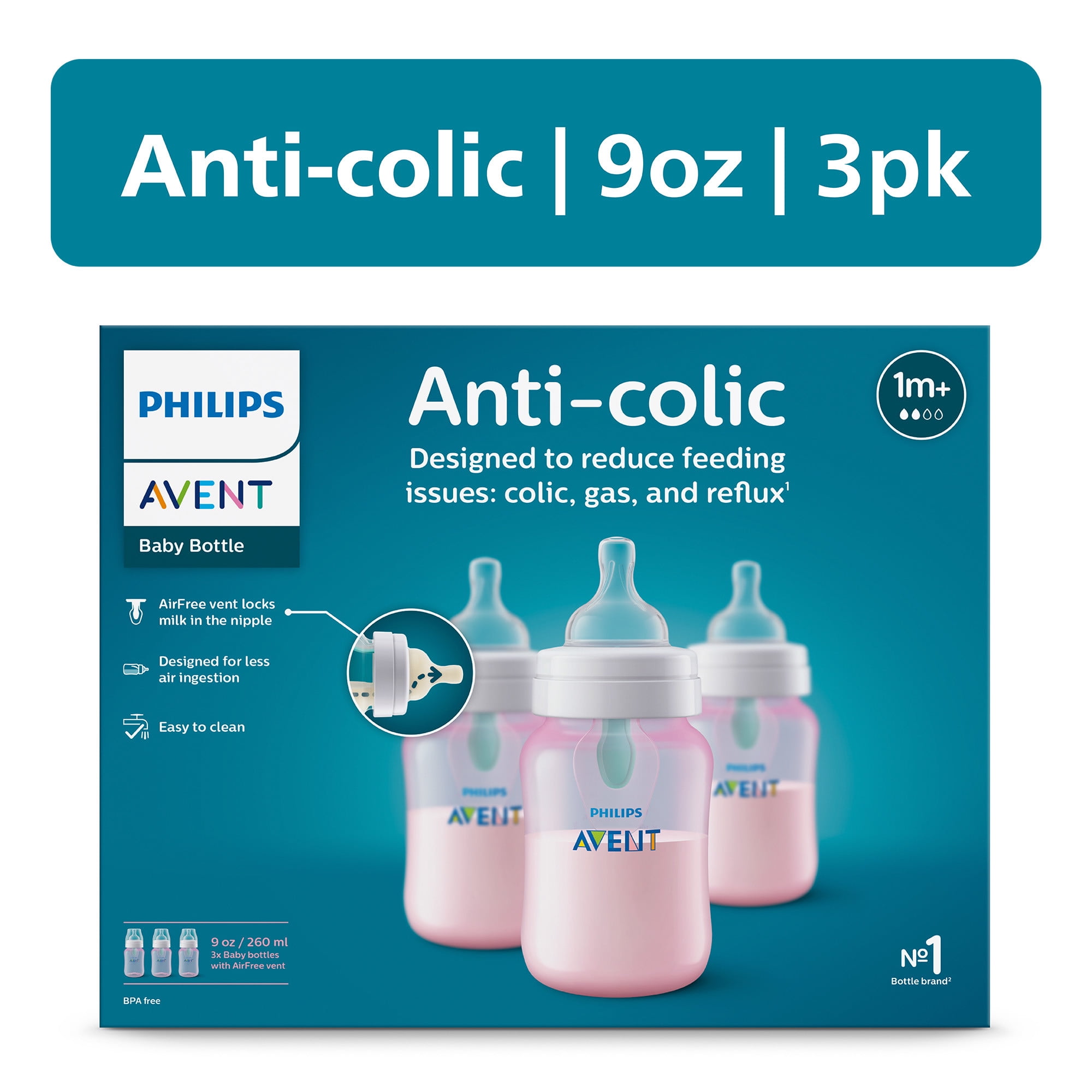 (3 pack) Philips Avent Anti-colic Bottle with AirFree Vent, 9oz, 3pk, Pink, SCY703/13