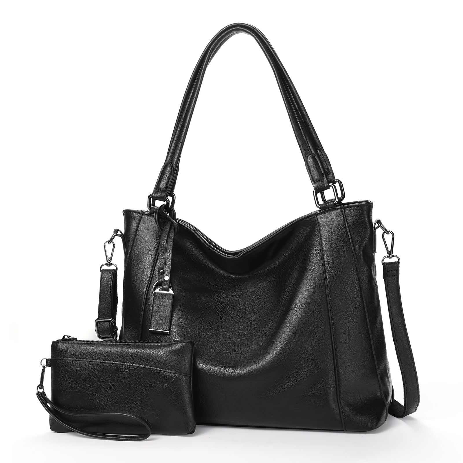 Sendefn Women's Leather Hobo Shoulder Satchel Tote Bag, Black, 2- Piece