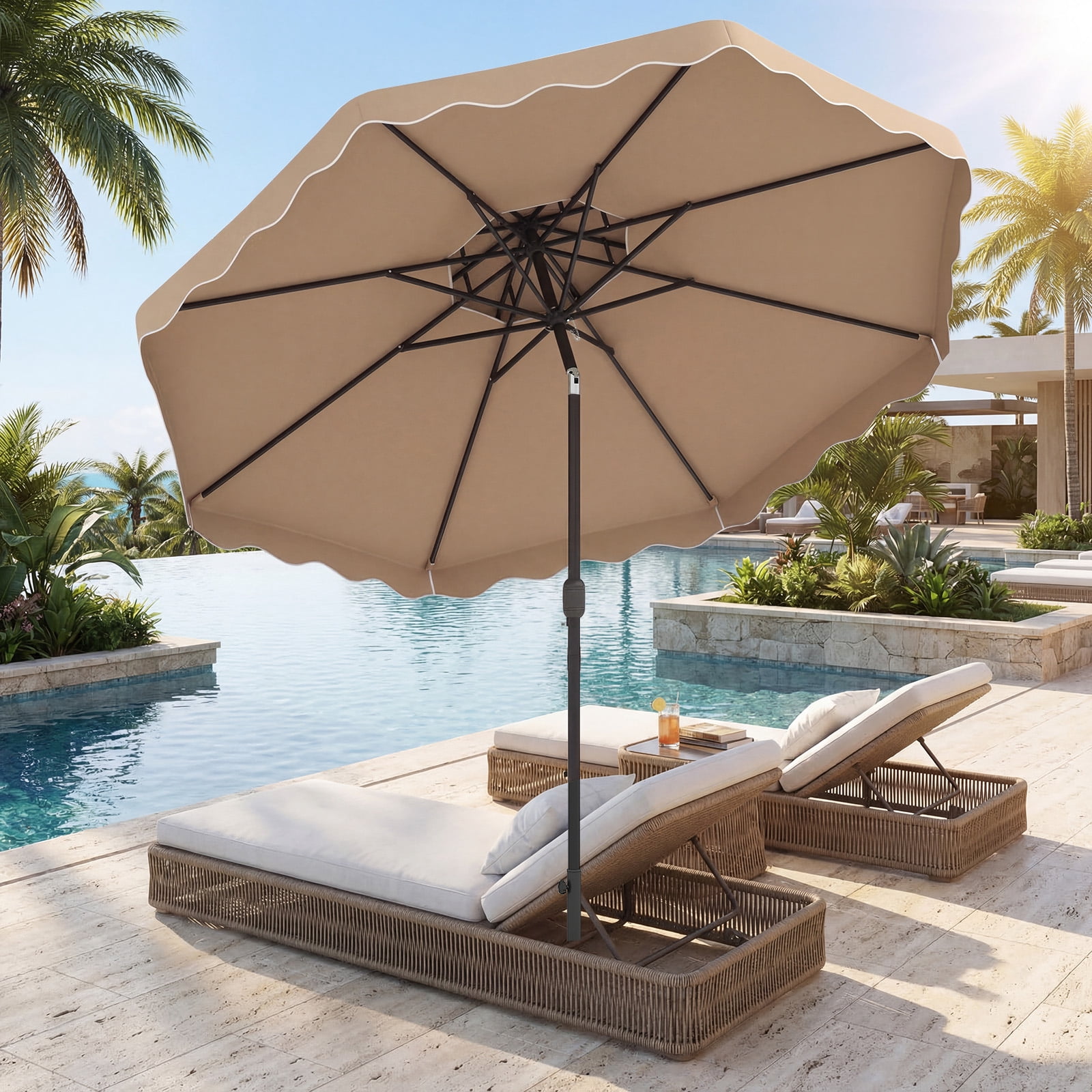 Gymax 9 FT Patio Umbrella w/Push Button Tilt & Crank 2-Tier Vented Top 8 Metal Ribs Brown