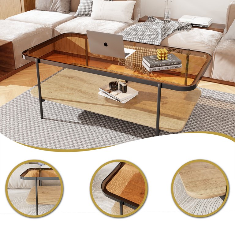 HQZX Retro Coffee Table with Metal Frame,Rectangle Central