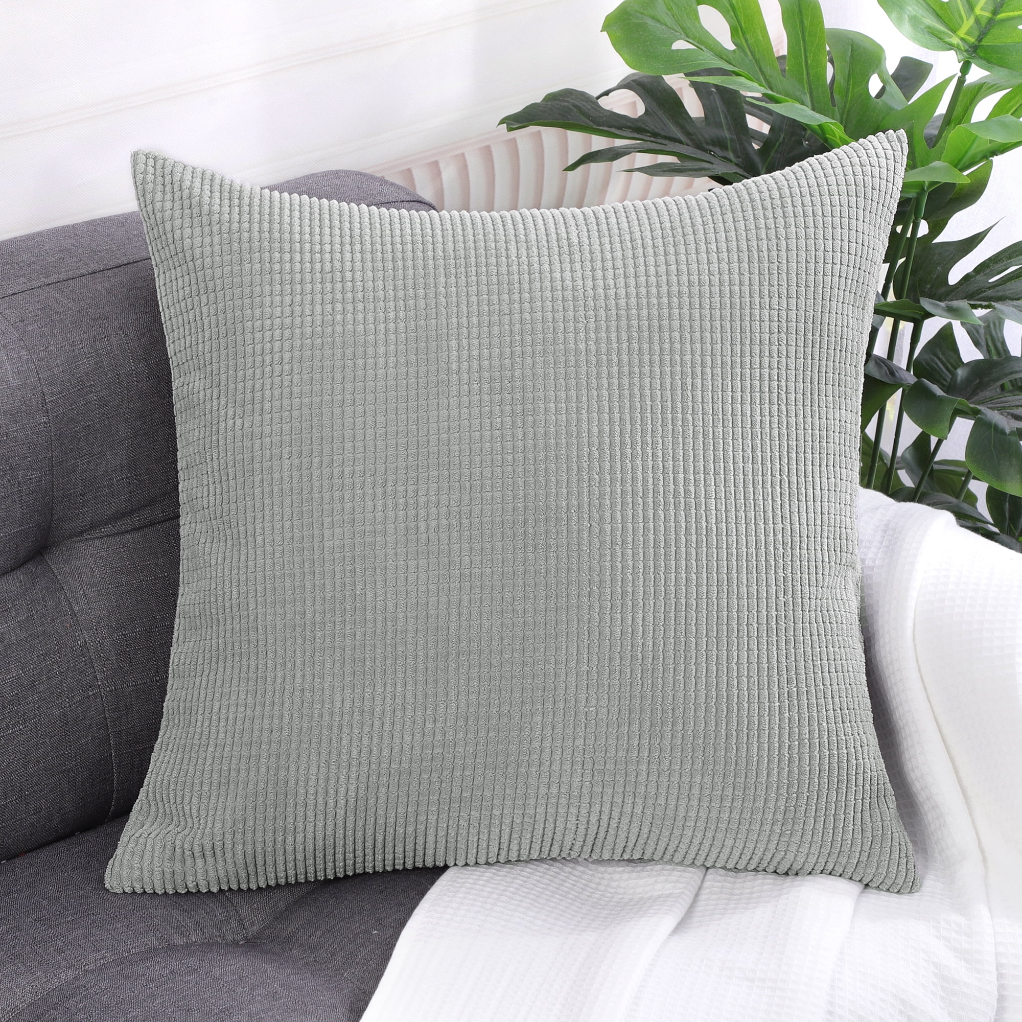 PiccoCasa Velvet Corn Striped Square Throw Pillow Covers, Grey, 18"x18"