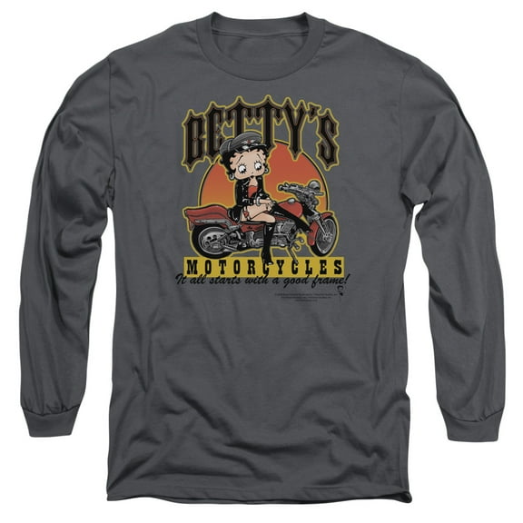 Betty Boop Bettys Motorcycles Long Sleeve T-Shirt Adult 18/1 Charcoal