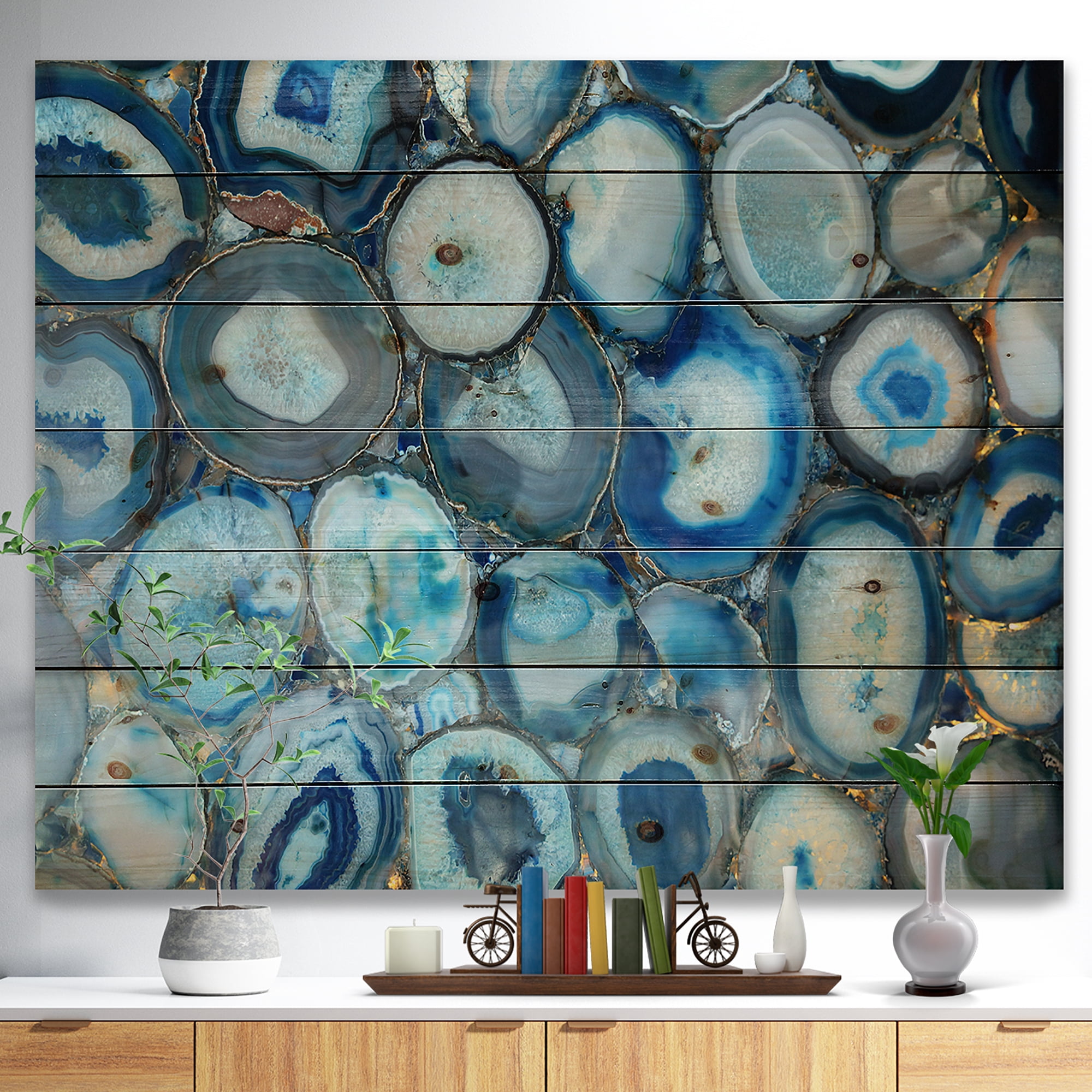 Designart Turquoise Blue Unusual Stone Decorative Print on Natural Pine Wood Art Print, 40" x 30"