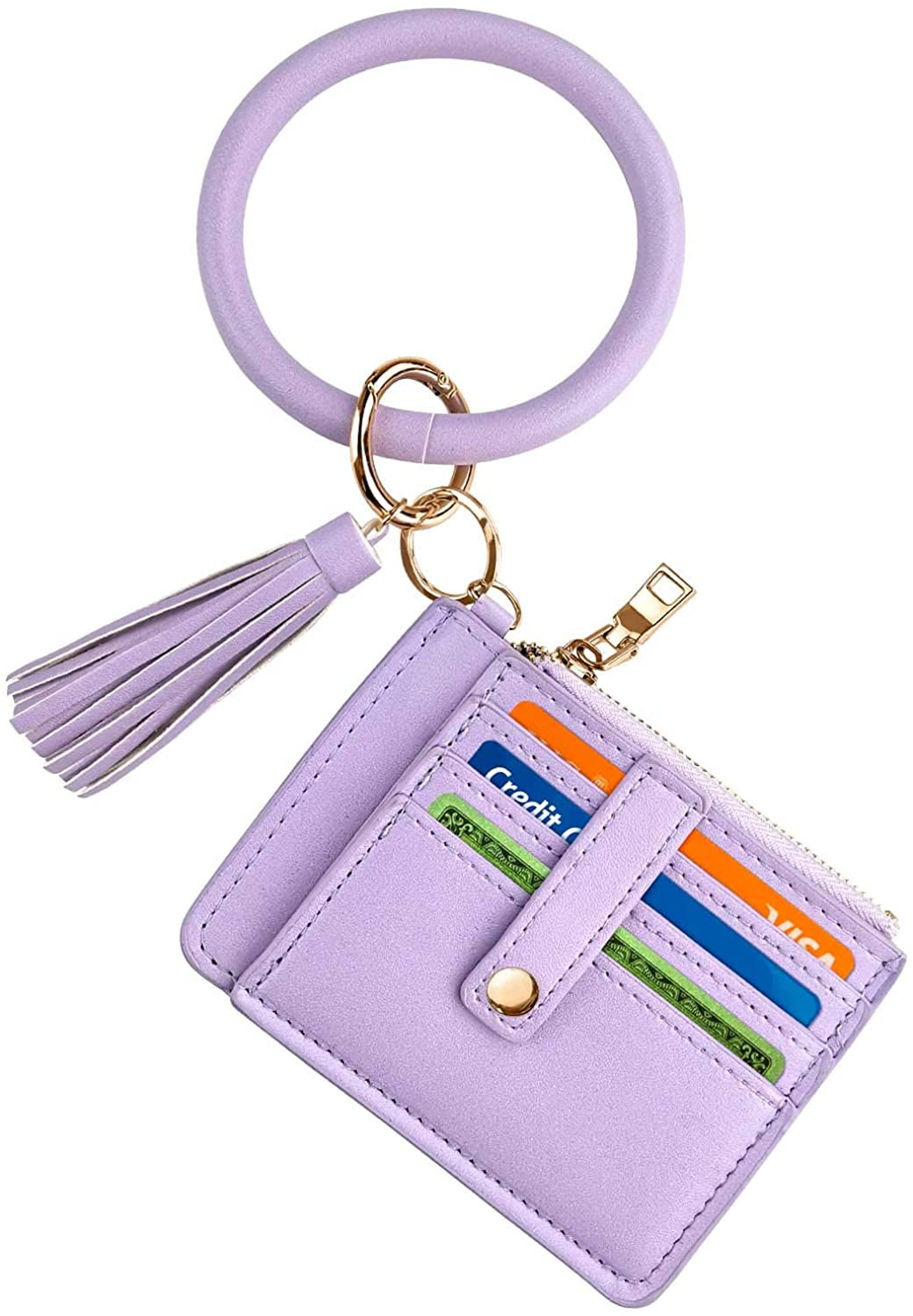 Circle Bangle Leather Keychain Wallet ID Card Holder Keyring Wristlet Bracelet Key Ring Chain Tassel Purse Women Girls 