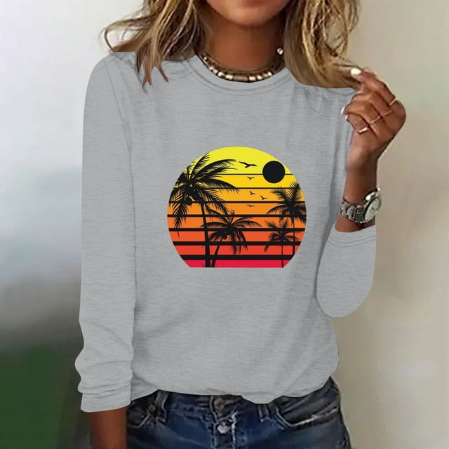 Qiopertar Mode Femmes Printemps Imprimé Manches Longues Col Rond Tee Décontracté Liquidation Livraison Gratuite à Moins de 5$ jusqu'à 90% de Réduction