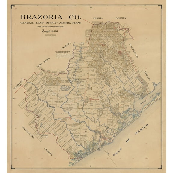 Historic County Map - Brazoria County Texas - General Land Office 1947 - 23 x 24.99 - Vintage Wall Art