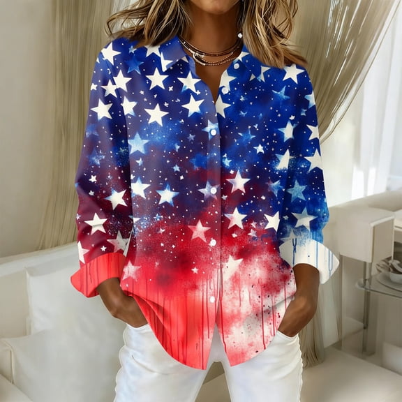 Iaqnaocc 4th Of July Womens Tops Usa Patriotic American Flag Stars Tops America 250 Shirt Festival Button-Down Collared Shirt Lightweight Long Sleeve Outfits Navy XXXL