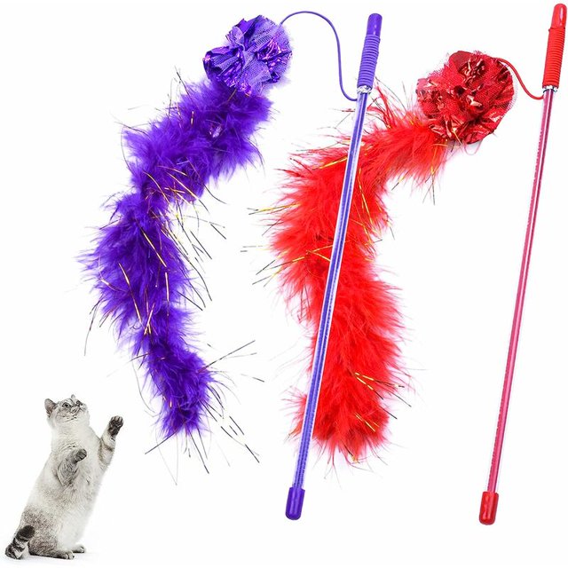 Juguete de plumas para gatos, juguete interactivo para gatos de 2 piezas con color púrpura y rojo, palo divertido para gatos de 30 cm para mascotas, juguetes para gatos de interior para mejorar la inteligencia y la capacidad de respuesta