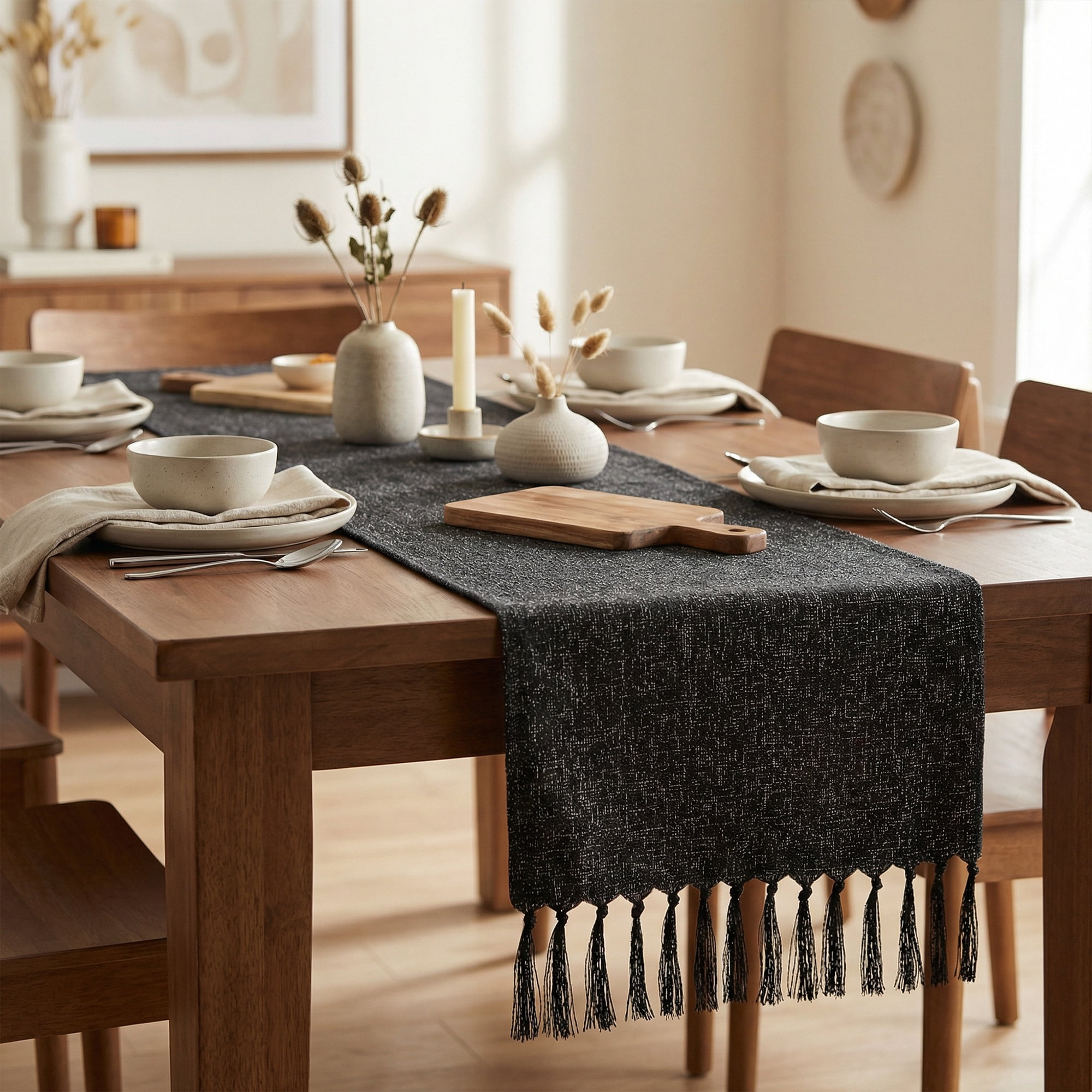 Unique Bargains Birthday Decorations Table Runner with Tassels Black 13x72in