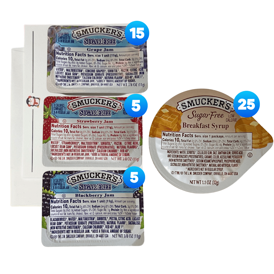 Smucker's Portion Control Sugar Free Jam and Syrup Gift Box Variety - Breakfast Syrup, Grape, Strawberry and Blackberry Jam,