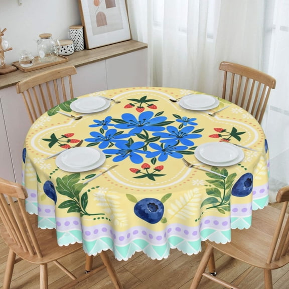 Blue Flowers Berries Round Tablecloth Polyester Waterproof & Washable 60" Table Cloth Indoor and Outdoor for Kitchen Dining Party Picnic Table Cover