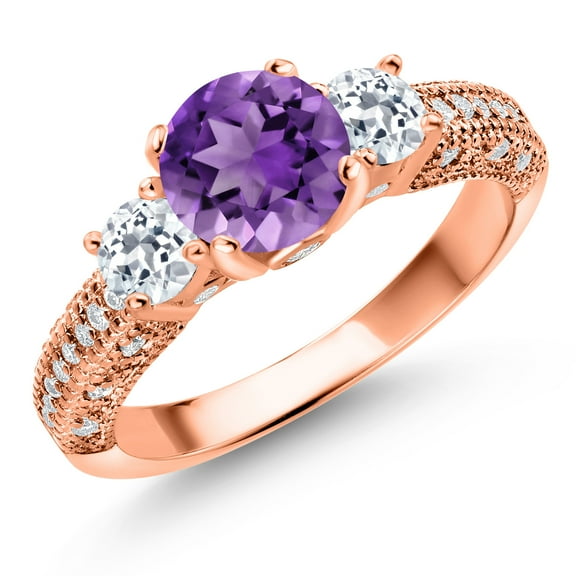 Gem Stone King 18K Rose Gold Plated Silver Purple Amethyst White Topaz and White Moissanite Engagement Ring for Women (1.94 Cttw, Gemstone February Birthstone, Round 7MM and 4MM, Size 6)