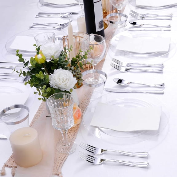 Clear Plastic Dinner Plates, Premium Hard Disposable Plates for Party, Wedding