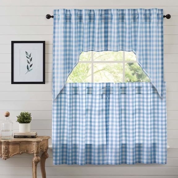 VHC Brands Annie Buffalo Check 4 PC Dusk Blue Curtain Set (2 Swag 36x16 and 2 Tier 36x36)