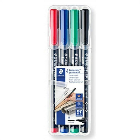 STAEDTLER Lumocolor Universal Pen, Medium, Felt Tip, Permanent Marker, Box of 4 Assorted Color Pens, 1.0mm 317 WP4 (317 WP4 ST)