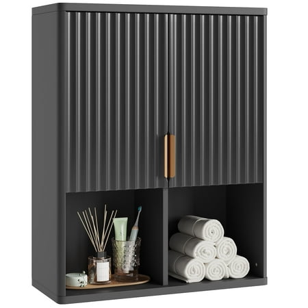 Bestier Fluted Wall-Mounted Bathroom Medicine Cabinet with Door & Shelves, 23.62 x 8.27 x 29.84 Inches Wooden Over Toilet Storage Cabinet, Black