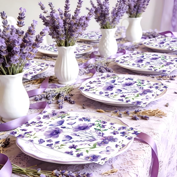 Lavender Theme Party Napkins - Romantic Floral & Butterfly Design for Garden Tea, Birthday, Wedding Decorations (40-Pack)