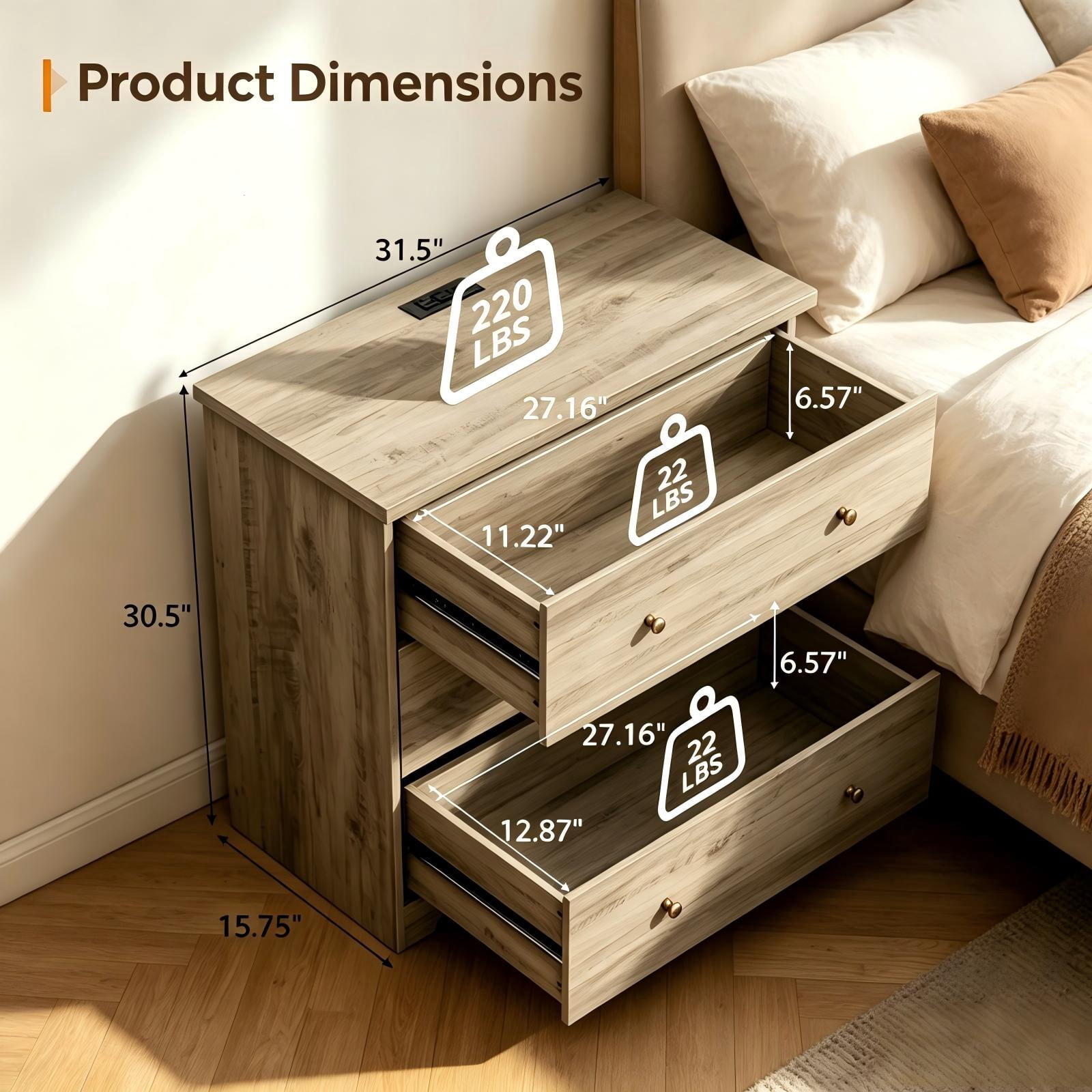 3-Drawer Nightstand, Grey, 31.5 x 15.75 x 30.5 in