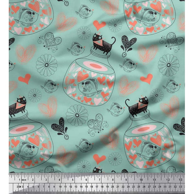 Soimoi Rayon Fabric Floral,Pot & Cat Kids Print Fabric by Yard 42 Inch Wide