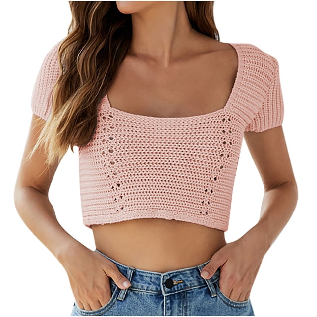 Timegard Crop Tops for Women Short Sleeve Square Neck Back Drawstring Tie Slim Casual Going out Tops
