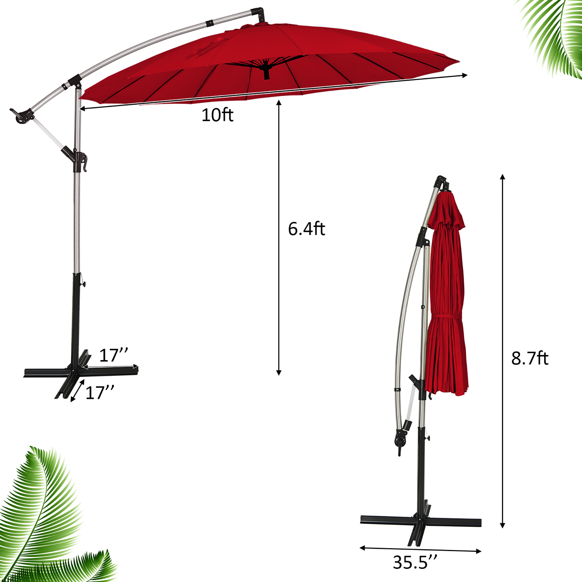 Costway 120" Burgundy Market Patio Umbrella, Water-Resistant