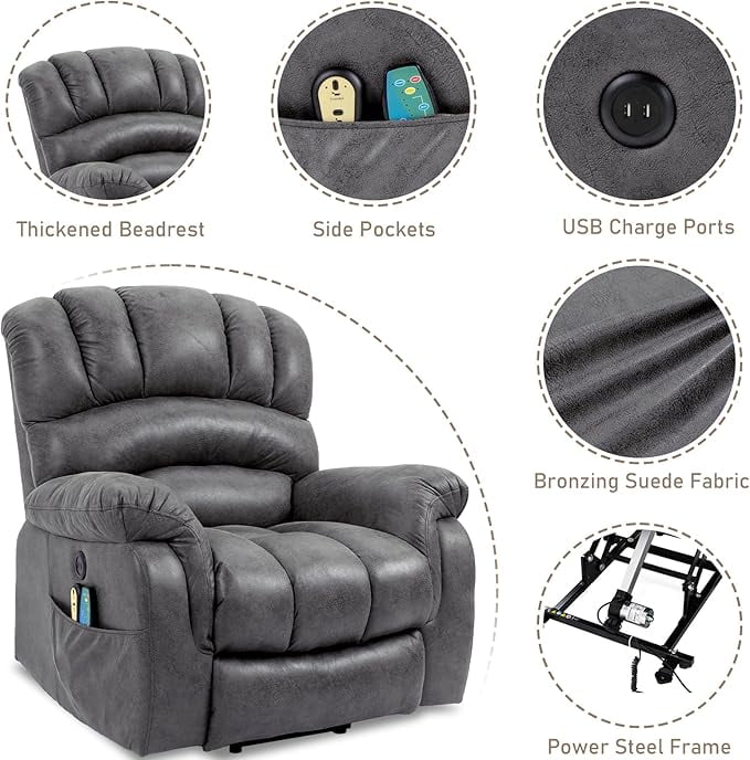 EPICOZY Large Power Lift Recliner Chair with Extended Footrest for Elderly Big Tall Man, Overstuffed Heated Massage Wide Electric Recliners with 2 Remote Controls, Side Packets & USB Ports, Grey