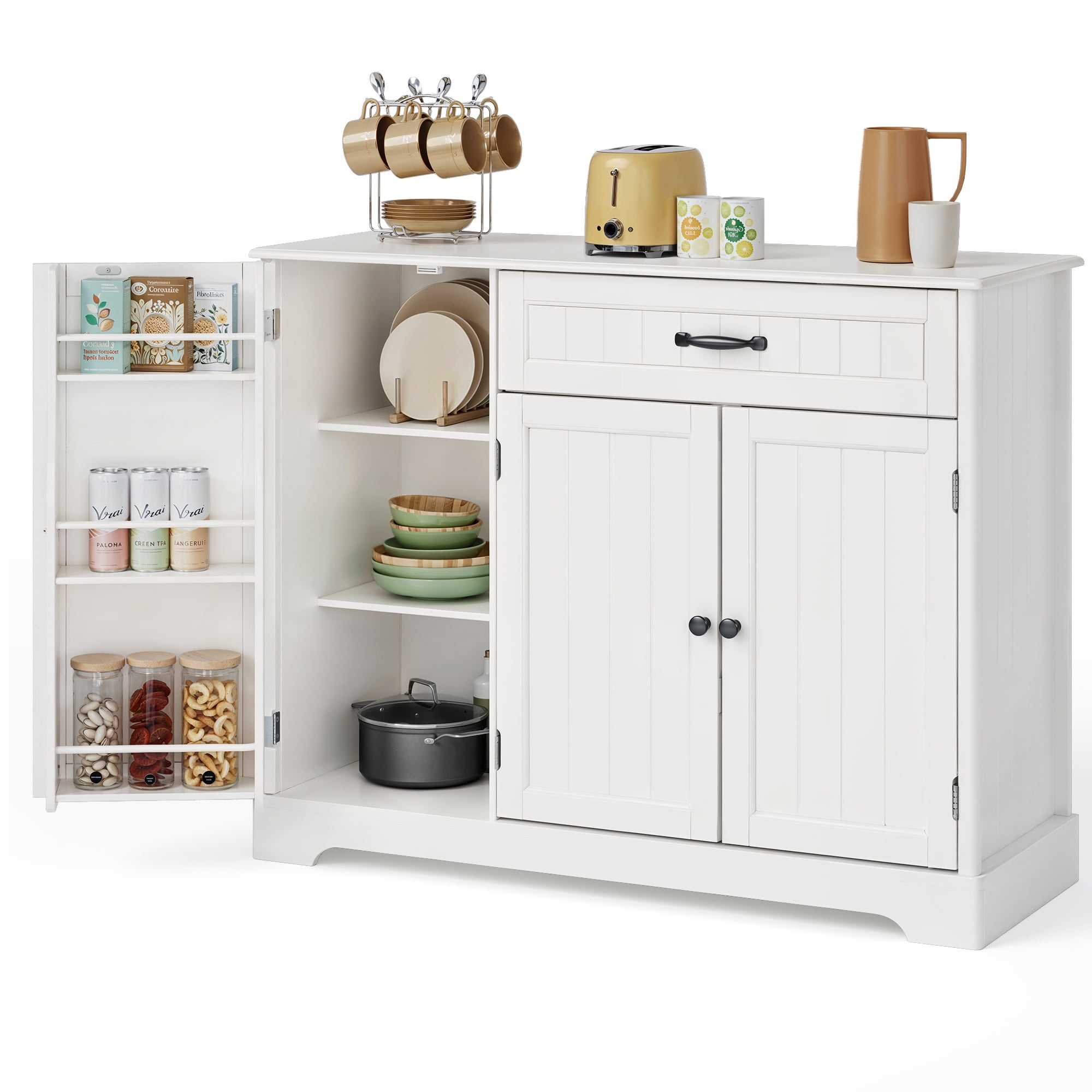 Asofer 42" Kitchen Storage Cabinet, Sideboard Buffet with 3 Doors & 1 Drawer & 8 Shelves, White