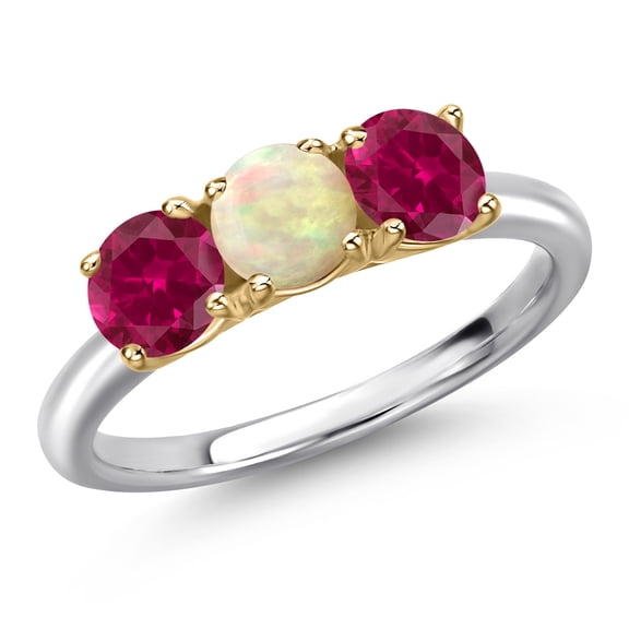 Gem Stone King 10K Two Tone Gold White Ethiopian Opal and Red Created Ruby Engagement Ring for Women | 1.50 Cttw | Round Cabochon 5MM | Gemstone October Birthstone | Size 5
