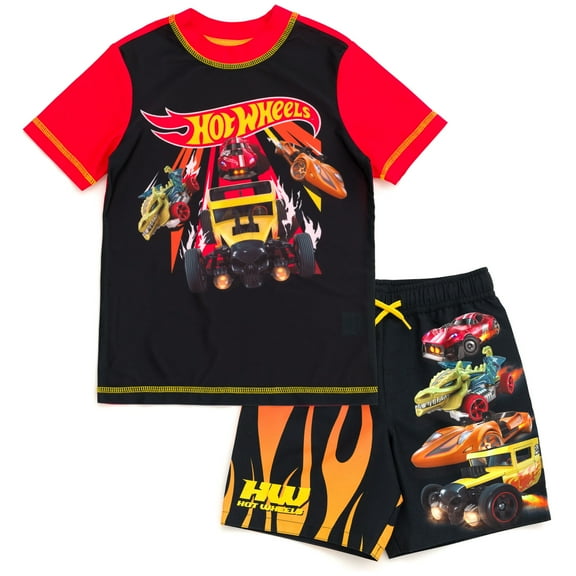 Hot Wheels Toddler to Big Kid Hot Wheels UPF 50  Rash Guard and Swim Trunks Set, 2-pcs, Red/Black