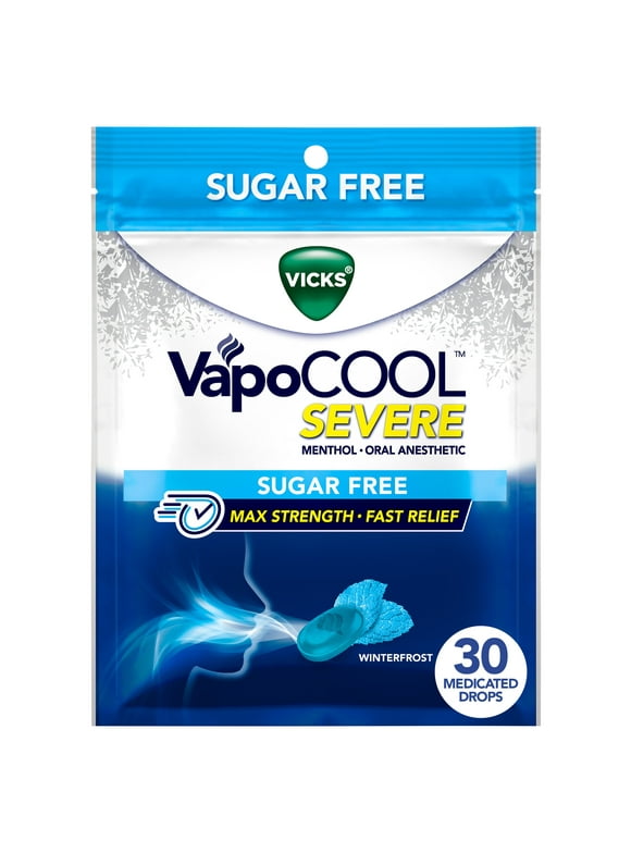 Vicks VapoCool Severe Sugar Free, Medicated Sore Throat Lozenges, Menthol, Winterfrost, 30 Drops