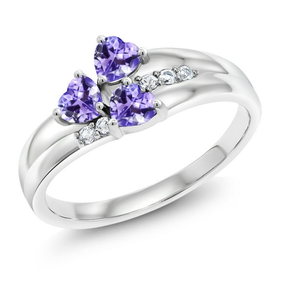 Gem Stone King 925 Sterling Silver Blue Tanzanite and White Created Sapphire 3-Stone Ring for Women | 0.77 Cttw | Heart Shape 4MM | Gemstone December Birthstone | Size 5, 6, 7, 8, 9 | Size 6