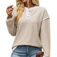 thumbnail image 2 of Wevis Autumn Henley Sweater for Women Color Block Button V-Neck Long Sleeve Knit Pullover Contrast Cuff Loose Daily Tops, 2 of 7