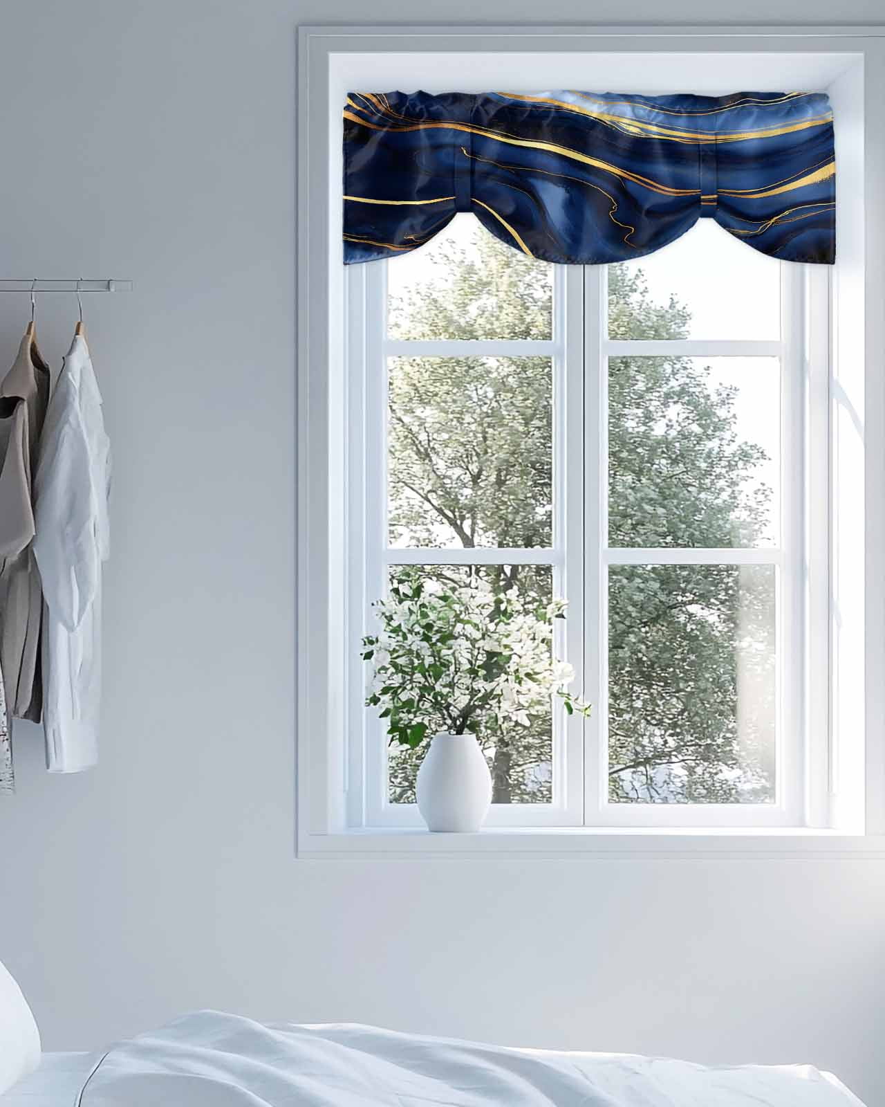 Marble Texture Tie Up Valances Curtain, Adjustable Kitchen Modern Blue Golden Fluid Art Valances for Windows Decor, Rod Pocket Short Curtains Set for Bedroom/Bathroom, 60"x18"