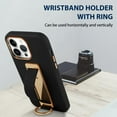 thumbnail image 5 of Designed for iPhone 13 Pro Max Case with Finger Loop Strap Luxury Gold Plating Leather Kickstand Wristand Phone Cover for Women Men-Black, 5 of 9