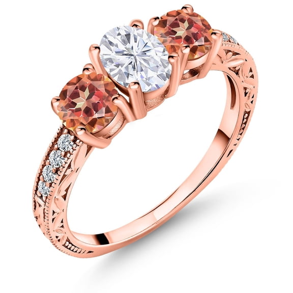 Gem Stone King 18K Rose Gold Plated Silver 3-Stone Ring Set with Oval Moissanite and Mystic Topaz (3.02 Cttw, Size 5)