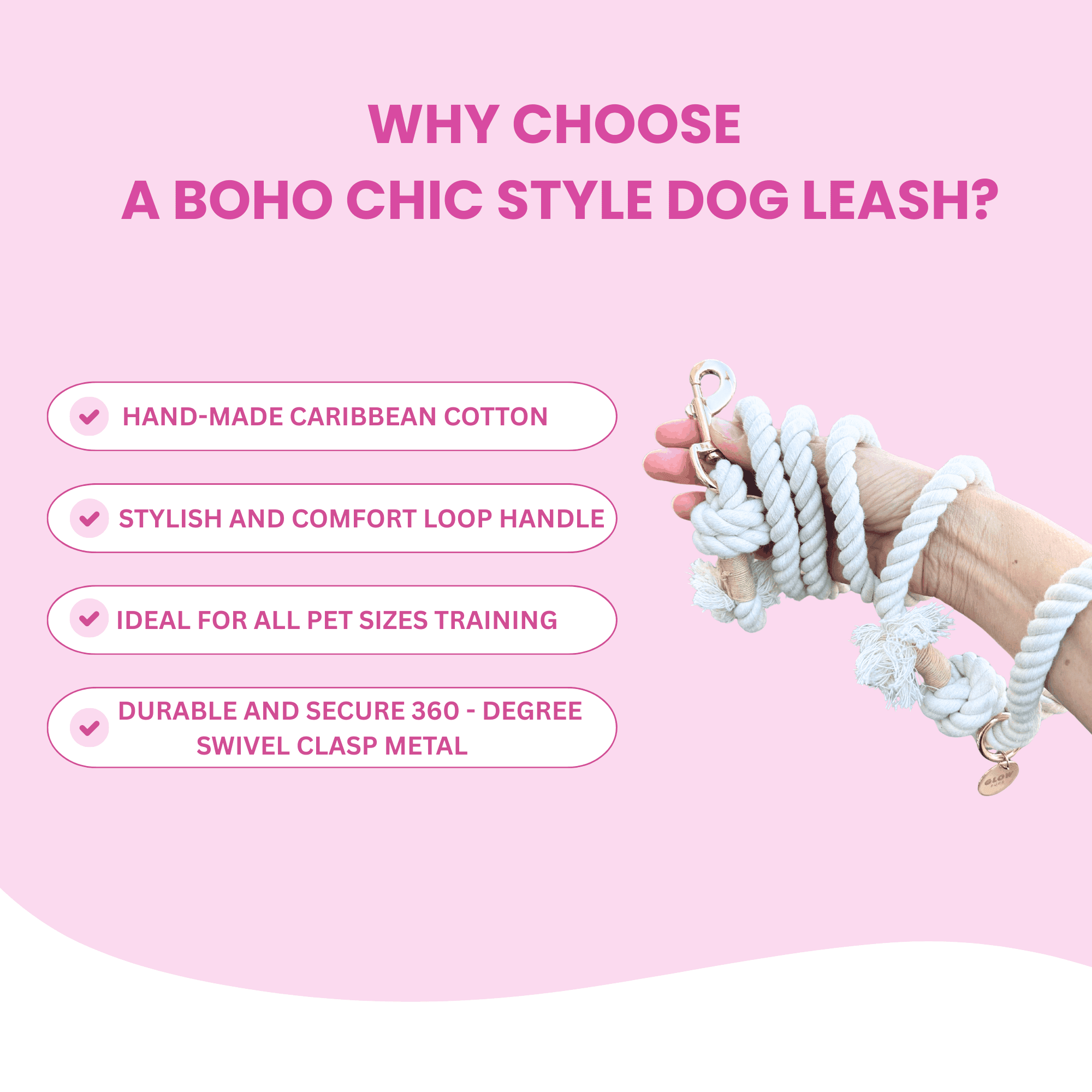Glow Pups Boho Chic Style Rope Leashes 1 in Cotton Boho Chic Dog Standard Leash, White