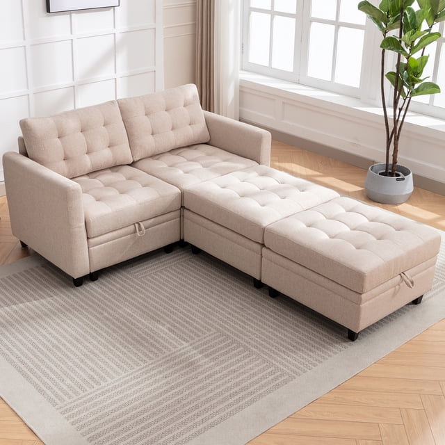 ZAFLY Ensemble de Canapé en Forme de U/L avec Ottomane de Rangement, Sofa Sectionnel Modulaire pour Salon, Beige