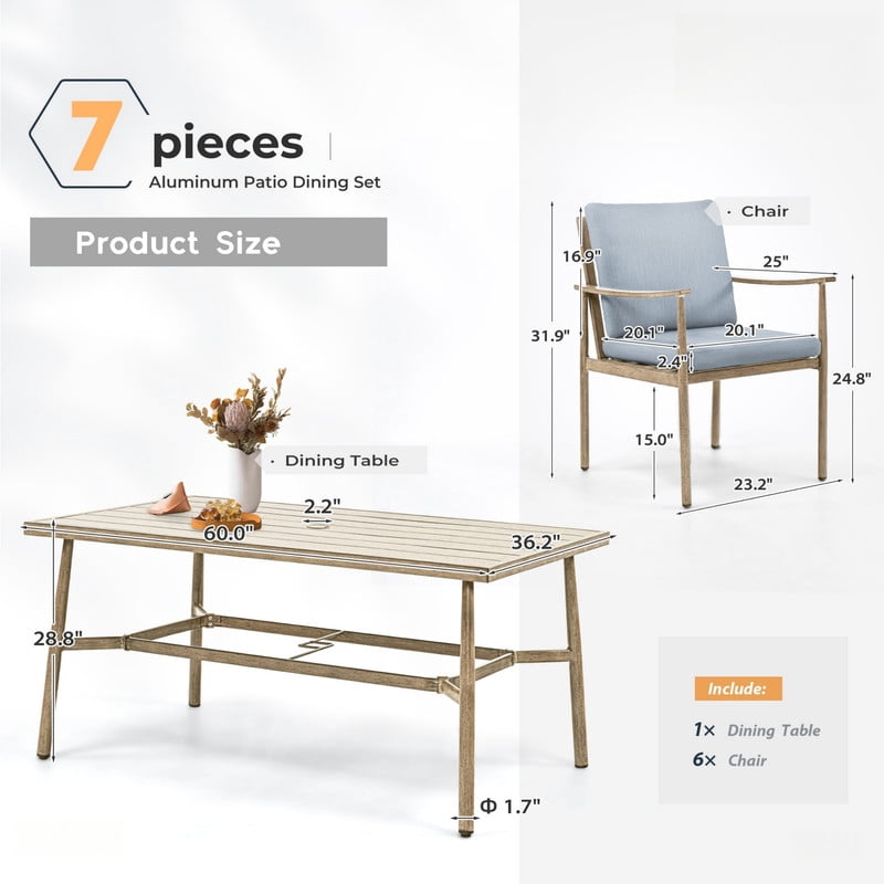 Howcool 7-Piece Outdoor Dining Set for 6, Patio Chat Sets w/ 6 Armchairs & 1 Rectangular Dining Table