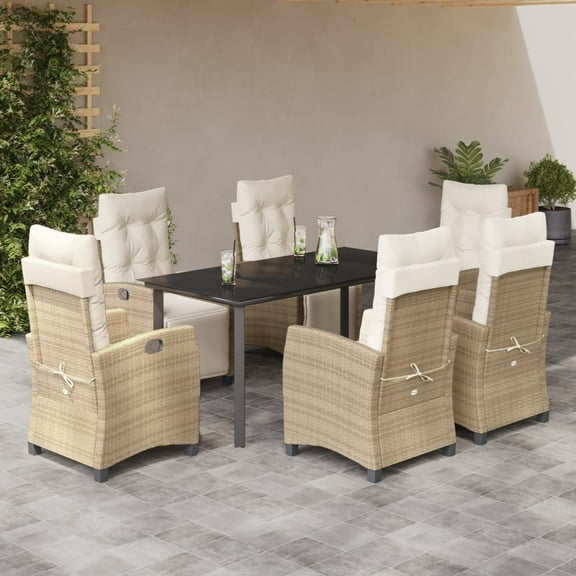 vidaXL 7 Piece Patio Dining Set with Cushions Beige Poly Rattan